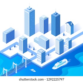 Isometric blue city buildings and port vector illustration