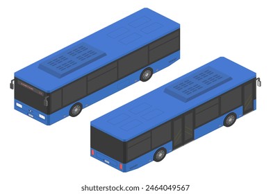 isometric blue city bus front back view on white background cartoon style vector flat illustration