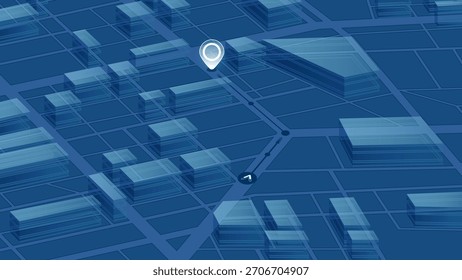 Isometric blue city map background with 3D transparent buildings and white GPS navigation pin. Vector illustration.