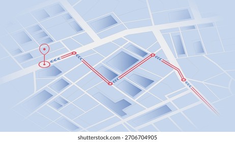 Mapa de ciudad azul isométrico con ruta de navegación roja y marcador de destino. Ilustración vectorial.