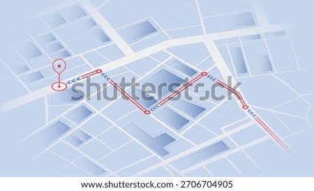 Isometric blue city map with red navigation path and destination marker. Vector illustration.