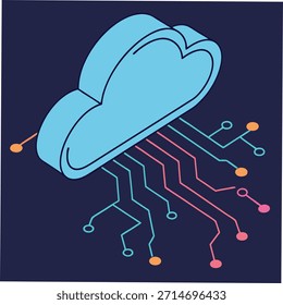 Isometrische blaue Wolke mit rosa und rosa Leiterplattenverbindungen Cloud-Computing-Technologie