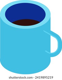 Isometric blue coffee mug full of dark brew. Simple isometric beverage design. Morning coffee break vector illustration.
