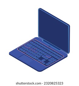 Isometric blue color laptop with burgundy and cyan backlight.vector illustration isolated on white background.