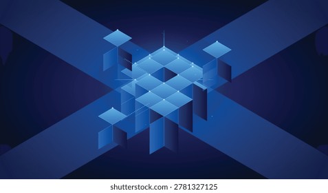 Isometric Blue Cube Network Structure Background With Glowing Connecting Points And Cross Shape Lines For Blockchain Technology And Data Storage