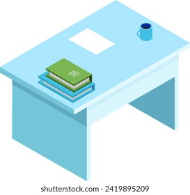 Isometric blue desk with a stack of books and a coffee mug. Modern office furniture with educational or work concept. Study and workplace environment vector illustration.