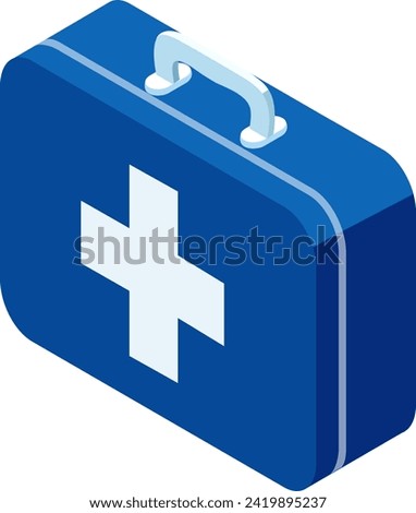 Isometric blue first aid kit with white cross. Medical emergency box for healthcare. Safety, first responder equipment vector illustration.