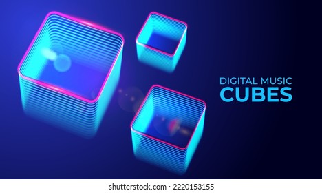 Isometric blue glowing neon cubes. Gaming, music, technology, big data, block chain background with glowing mesh square .Cyberpunk style background with place for text or produckt presentation.