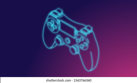 Isometric blue neon gamepad. Vector illustration of wireless gamepad. Gaming Joystick on the dark background