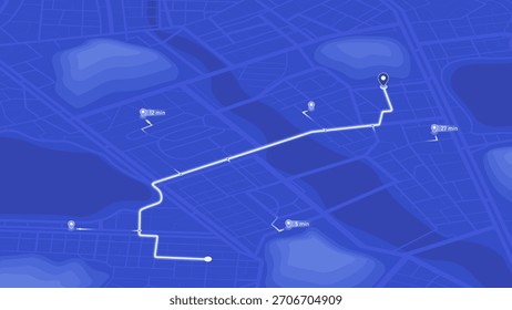 Isometric blue night city map with white navigation route path and time markers on digital terrain background. Vector illustration.