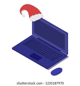 isometric blue notebook vector with Santa Claus hat and mouse isolated on white background. New Year for IT