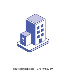 Isometric blue office building icon isolated on white background. A minimalist 3D isometric icon of a blue and white office building on a small base plate. Clean geometric lines and flat colors. Ideal for urban planning maps or business app interfaces.