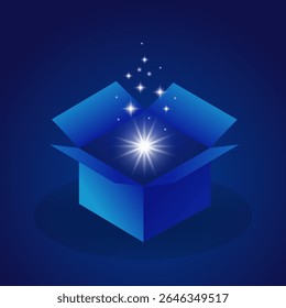 Isometric blue open box with stars shining out — vector illustration