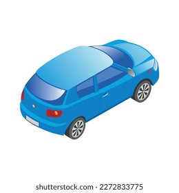 Isometric blue passenger car back view on white background 3d vector illustration