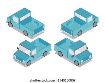 isometric blue pickup truck. 4 cars, 4 views. Vector illustration flat design.