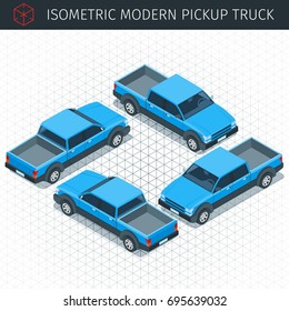 Isometric blue pickup truck car. 3d vector transport icon. Highly detailed vector illustration