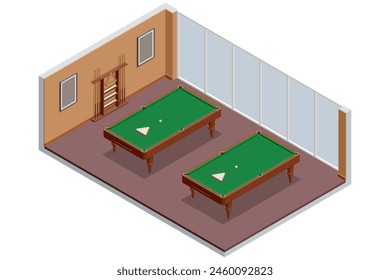 Isometric blue pool in luxury recreation room. Billiard table with green surface and balls in the billiard club.Pool Game. Snooker billiard