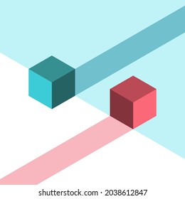 Isometric blue and red cubes. Opposites, difference, individuality, uniqueness, opportunity, vision and development concept. Flat design. EPS 8 vector illustration, no transparency, no gradients