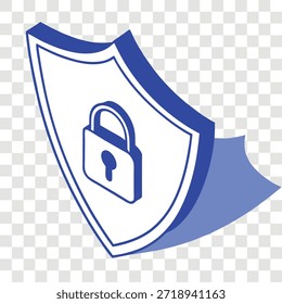 Escudo azul isométrico con el símbolo del candado en la precaución transparente del acceso del fondo