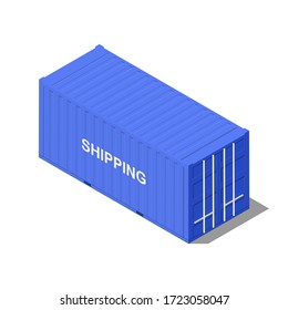 Isometric Blue Shipping Container Flat Vector Illustration Isolated On White Background.