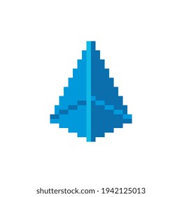 Isometric blue triangle, mathematics geometric shape. Parallelepiped pixel art icon. vector illustration. Isolated vector illustration.,