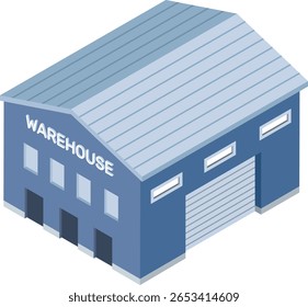Isometric blue warehouse building featuring a loading dock and a metal roof, illustrating concepts of storage, logistics, industry, distribution, and commerce in a modern design