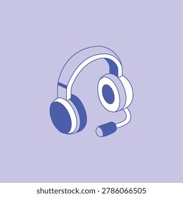 Isometric blue and white communication headset with microphone. A minimalist isometric illustration of a wireless headset with a built-in microphone in shades of blue and white on a purple background. Ideal for customer service or gaming website designs.