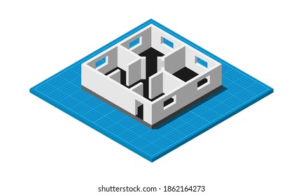 Isometric Blueprint Building Floor Plan Simple Flat Vector Illustration.