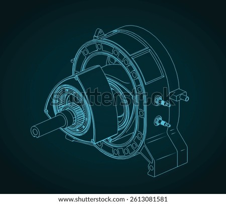 Isometric blueprint of the cylinder, rotor and eccentric shaft design of a Wankel rotary engine