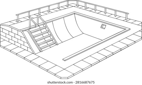 Isometric blueprint of geometric swimming pool with tiled deck and water geometric pool tiled deck