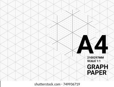 Isometric blueprint graph paper background with plotting triangular and hexagonal ruler guide line grid texture for engineering mechanical drawing. Vector A4 graph paper template background.