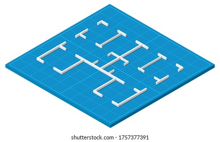 Isometric Blueprint House Floor Plan Simple Flat Vector Illustration.