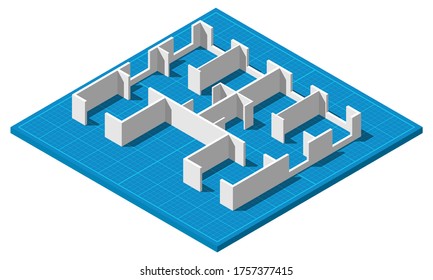 Isometric blueprint house floor plan simple flat vector illustration.