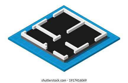 Isometric blueprint house floor plan simple flat vector illustration.