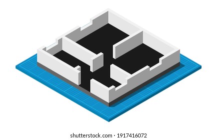 Isometric blueprint house floor plan simple flat vector illustration.