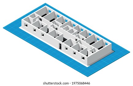 Isometric blueprint house floor plan simple flat vector illustration.