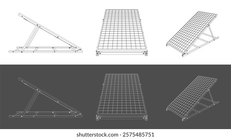 Isometric Blueprint of Solar Panel Array with Mounting Structure, vector Technical Drawing on white Background