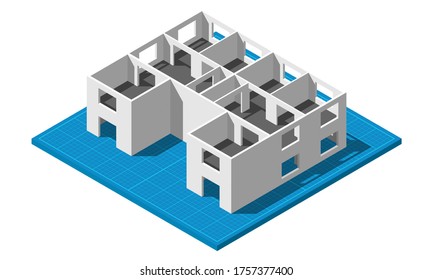 Isometric blueprint de dos plantas alberga una detallada ilustración plana vectorial.