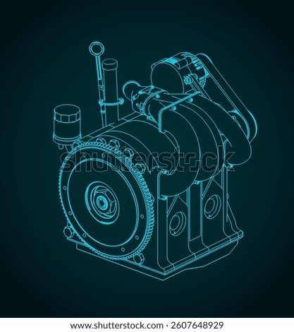Isometric blueprint of a wankel rotary engine stylized vector illustration