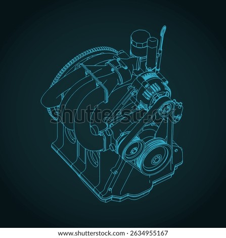 Isometric blueprint of a wankel rotary engine stylized vector illustration