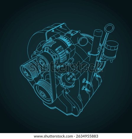 Isometric blueprint of a wankel rotary engine stylized vector illustration