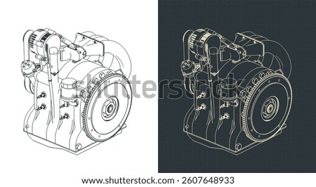 Isometric blueprints of a wankel rotary engine stylized vector illustrations