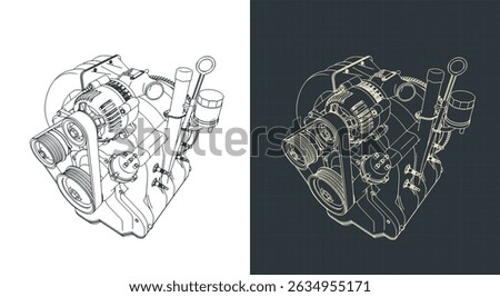 Isometric blueprints of a wankel rotary engine stylized vector illustrations
