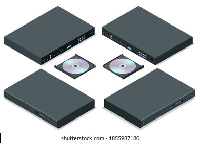 Isometric Blue-ray player with a disk, isolated. DVD player ejecting disc with remote control isolated on white background