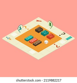 Isometric board game. Business concept. Game with money and cards