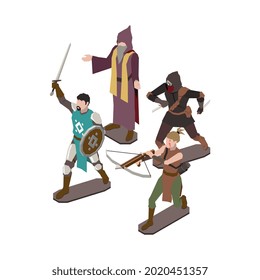 Isometric board game figures with different characters 3d vector illustration