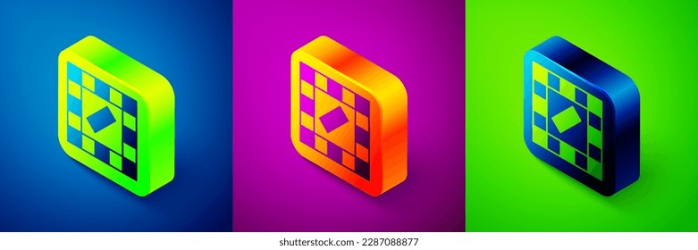 Isometric Board icono de juego aislado en fondo azul, púrpura y verde. Botón cuadrado. Vector