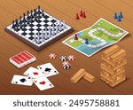 Isometric board games. Chess, playing cards and card with dice. Leisure, fun and entertainment. Chessboard with figures. Volumetric 3D vector collection isolated on brown background