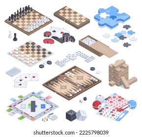 Isometric board games, leisure time game. Lotto bingo, chess, domino and cards table gaming 3d vector illustration collection. Leisure board game activities