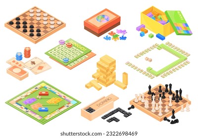 Isometric board games. Various boardgames collection, miniature strategy table game for family fun playing checker chess bingo money card mahjong dice, set neat vector illustration